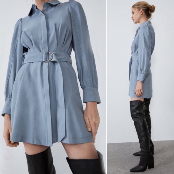 Zara Dresses & Skirts - NWT Zara Dusty Blue Belted Button Shirt Dress